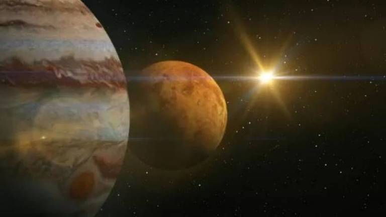 Imagem computadorizada mostra o planeta Júpiter em primeiro plano, com Vênus ao lado e o Sol ao fundo