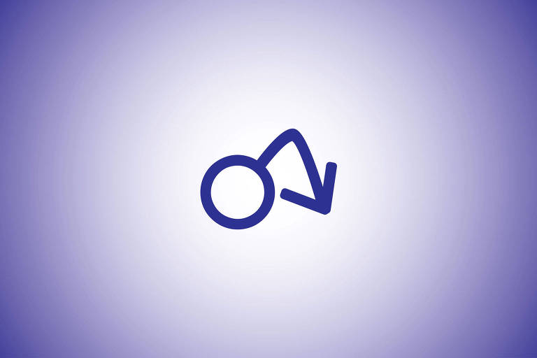 Sobre um fundo degradê azul e branco há o símbolo masculino com a flecha apontando para baixo.