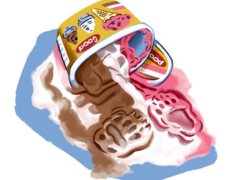 Ilustração mostra um pote de sorvete caído, com duas patas de urso sobre o sorvete derramado