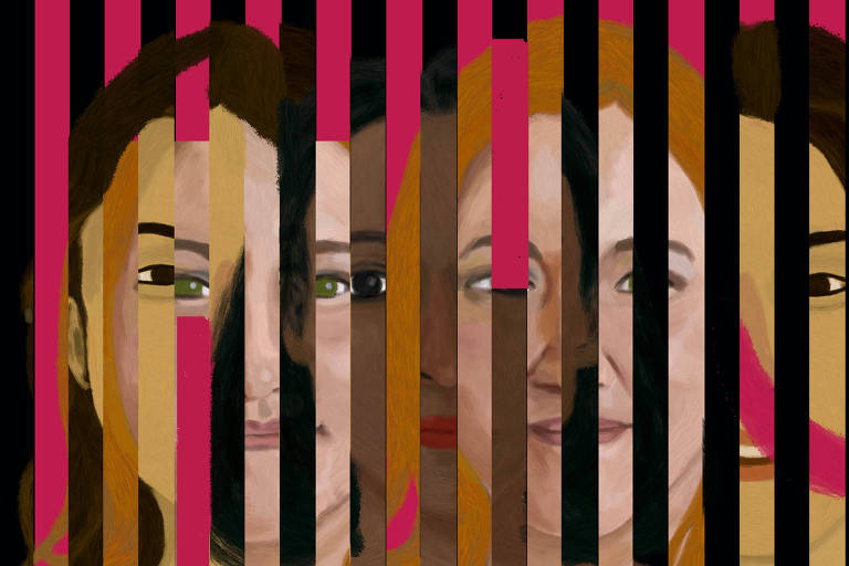 Arte ilustra tiras de rostos de diferentes perfis sobre um fundo rosa e intercalados: pessoas brancas, negras, pardas, amarelas.