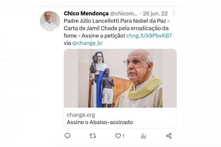 Tuíte em que Chico Mendonça manifesta apoio ao padre Júlio Lancellotti