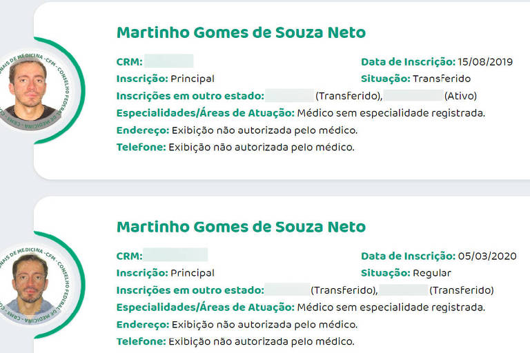 Identificação do médico Martinho Gomes de Souza Neto, no CFM (Conselho Federal de Medicina). Ele teve a prisão convertida em preventiva