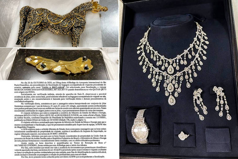 Conjunto de joias e ornamentos que assessor de então ministro de Bolsonaro trouxe em mochila e foi apreendido pela Receita