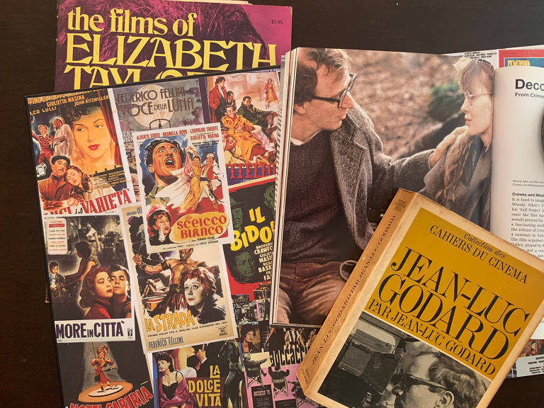 Livros sobre os diretores Federico Fellini, Jean-Luc Godard e Woody Allen e as estrelas Mia Farrow e Elizabeth Taylor
