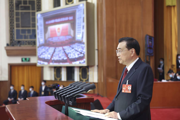 O primeiro-ministro Li Kegiang no discurso anual no Grande Salão do Povo, em Pequim, em 5 de março de 2023