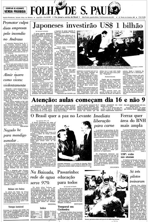 Capa da Folha do dia 7 de fevereiro de 1973, com chamada para a morte de Almir Pernambuquinho, na primeira coluna à esquerda da página