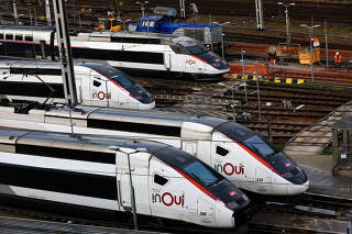 TGV trains parked at a SNCF depot station in Charenton-le-Pont near Paris