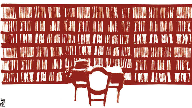 Uma  longa estante cheia de livros diante de uma mesa e cadeira vazia, tudo na cor vermelha, em alusão ao Stalinismo.