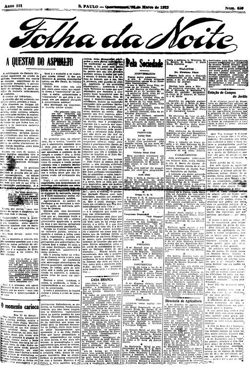 Primeira Página da Folha da Noite de 28 de março de 1923