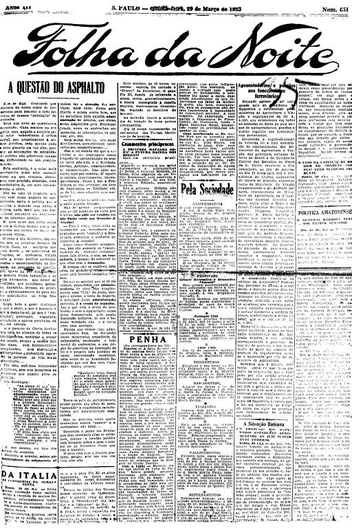 Primeira Página da Folha da Noite de 29 de março de 1923