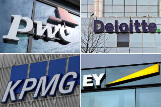FILE PHOTO: A combination of file pictures shows logos of accounting firms PwC, Deloitte, KPMG and EY