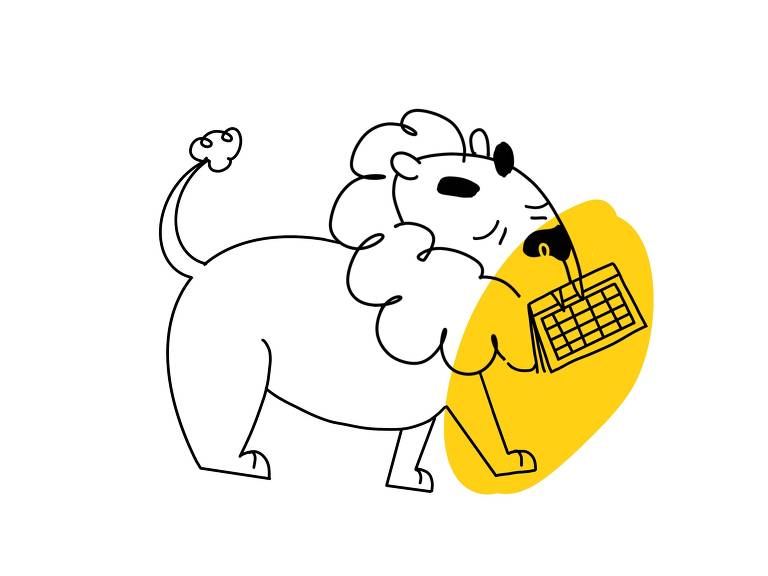 Ilustração em preto e branco estilo cartoon de um leão carregando calendário, ele tem os olhos fechado e carrega com arrogância.