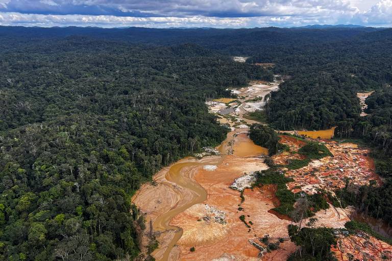 Vista aérea mostra área de floresta densa cortada por garimpo no território yanomami, na Amazônia