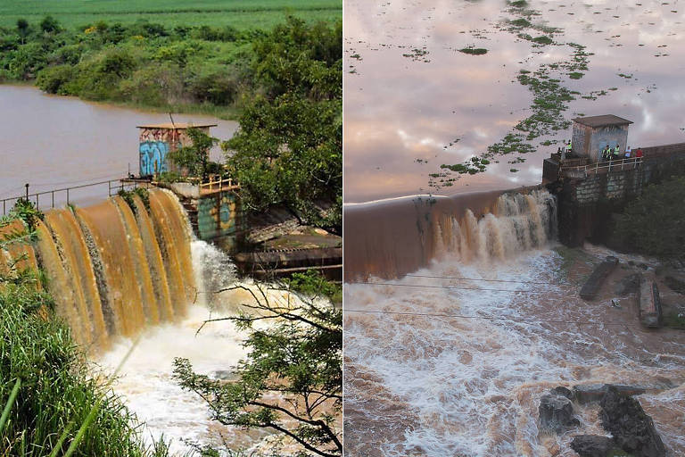 Antes e depois; na segunda imagem, a inundação é maior