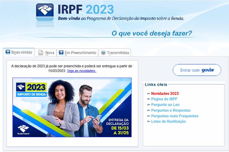 Tela inicial do programa do Imposto de Renda 2023