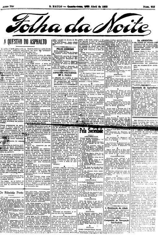 Primeira Página da Folha da Noite de 4 de abril de 1923