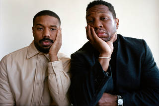The actors Michael B. Jordan, left, and Jonathan Majors in Brooklyn on Feb. 20, 2023. (Gioncarlo Valentine/The New York Times)