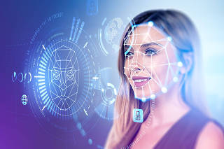 Businesswoman and biometric scanning, digital hologram with binary