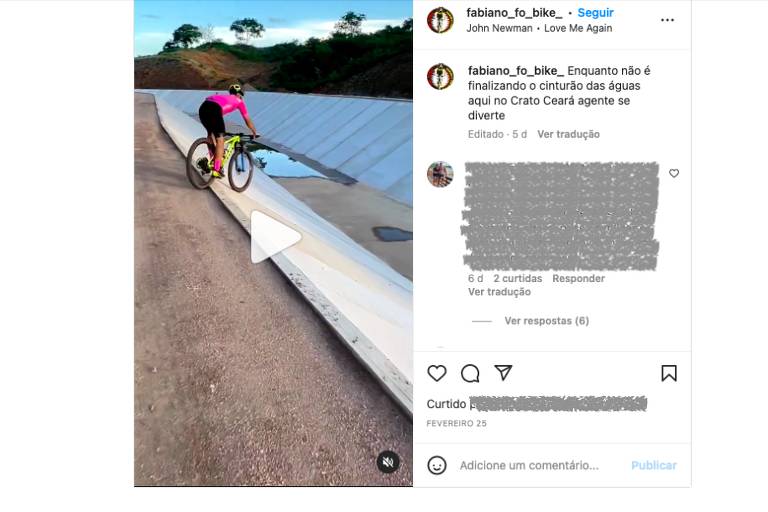 Print de post no Instagram mostra vídeo paralisado com ciclista prestes a descer canal seco