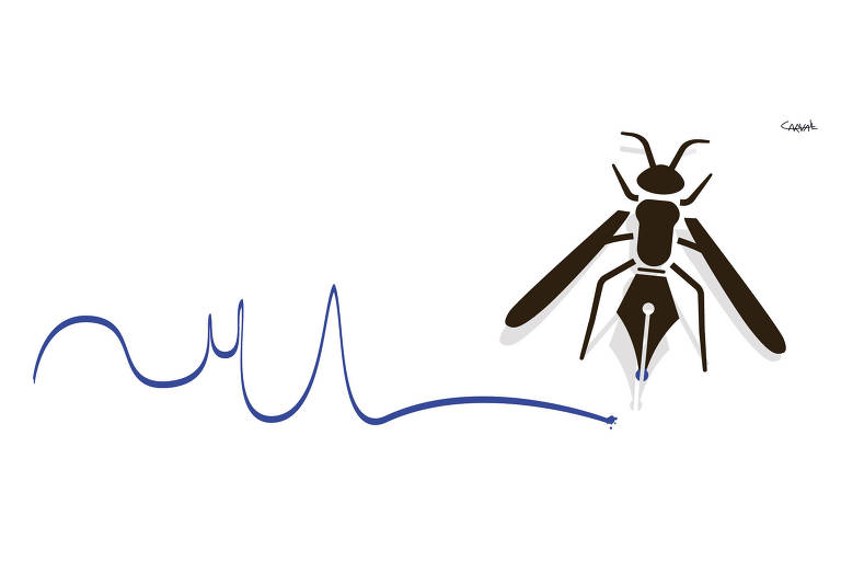 Ilustração de um inseto preto cuja parte inferior do corpo é a ponta de uma caneta tinteiro. Uma linha azul com ondulações foi desenhada a partir do inseto. O fundo é branco.