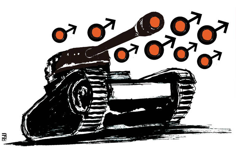 Tanque de guerra com canhão fálico em perspectiva ao lado de vários símbolos do gênero  masculino, com setas apontadas para cima, paralelas ao canhão do tanque,