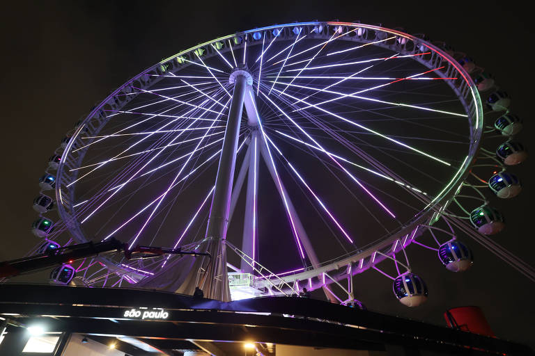 Uma roda gigante está iluminada de várias cores diferente. A imagem é feita de baixo para cima e é possível ver as cabines a dimensão da estrutura