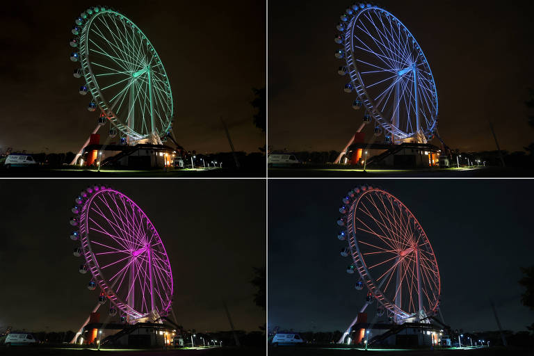Quatro imagens espelhadas da mesma roda gigante, mas com cores diferente: verde, azul, rosa e laranja