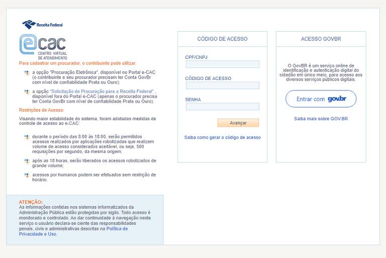 Vá ao site do e-CAC, clique em "Entrar com gov.br" no lado direito da tela