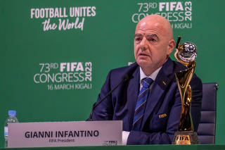 FIFA President Gianni Infantino speaks at a news conference following the 73rd FIFA Congress at the BK Arena in Kigali