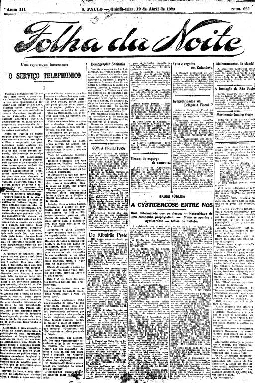 Primeira Página da Folha da Noite de 12 de abril de 1923