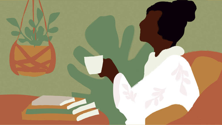 Na ilustração, de fundo verde claro, uma mulher está sentada em uma poltrona laranja, enquanto segura uma xícara branca. A mulher é negra, tem um cabelo preso em coque e usa uma blusa branca. À sua frente está uma mesa com quatro livros sobre ela, acima da mesa, pendurado no teto, um cachepot suspenso, com um vaso de plantas.