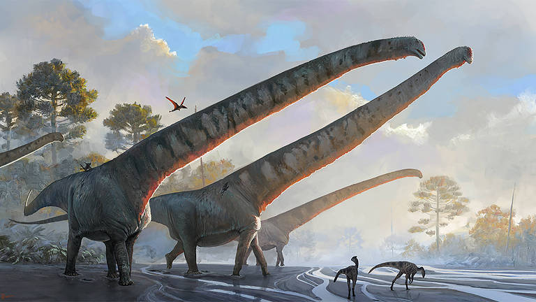Impressão artística do dinossauro Mamenchisaurus sinocanadorum, com pescoço de 15 metros, que viveu há 150 milhões de anos na região que hoje é a China