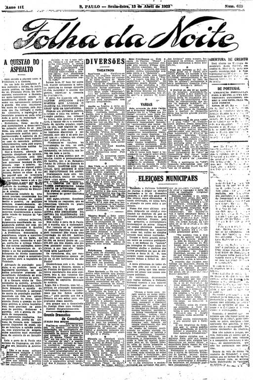 Primeira Página da Folha da Noite de 13 de abril de 1923