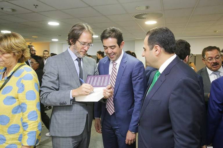 O advogado Pierpaolo Bottini, o presidente do TCU, Bruno Dantas, e o presidente da OAB, Beto Simonetti