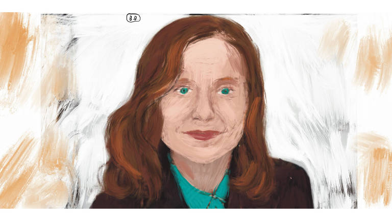 A ilustração, feita em pinceladas agitadas, mostra o rosto de uma mulher de olhos verdes, pele clara e cabelos lisos e avermelhados. O fundo Da imagem é branco de manchas amarelas. 
