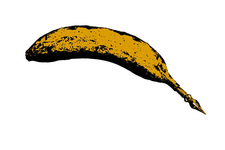 A ilustração de Adams Carvalho, publicada na Folha de São Paulo no dia 19 de Março de 2023, mostra o desenho de uma banana com uma ponta de bico de pena, usada para escrita