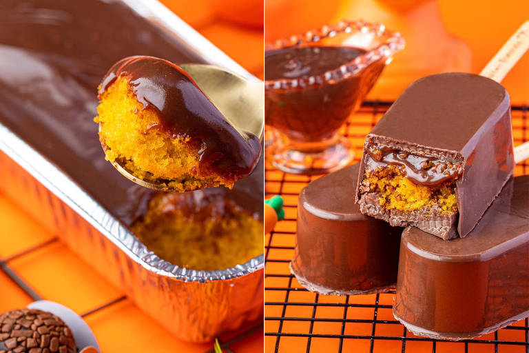 A foto mostra uma marmitinha com bolo de cenoura aberto com calda de chocolate e ao lado, um três picolés de chocolate recheados com bolo de cenoura e calda de chocolate