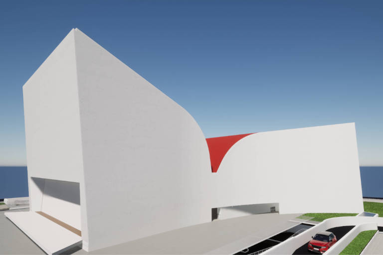 Imagem da parte externa do projeto do Centro de Eventos de Maringá, criado por Oscar Niemeyer e finalizado pelo arquiteto Jair Valera