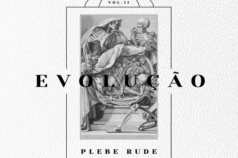 Em preto e branco a capa do álbum 'Evolução Vol II' da banda Plebe Rude traz um desenho de várias caveiras
