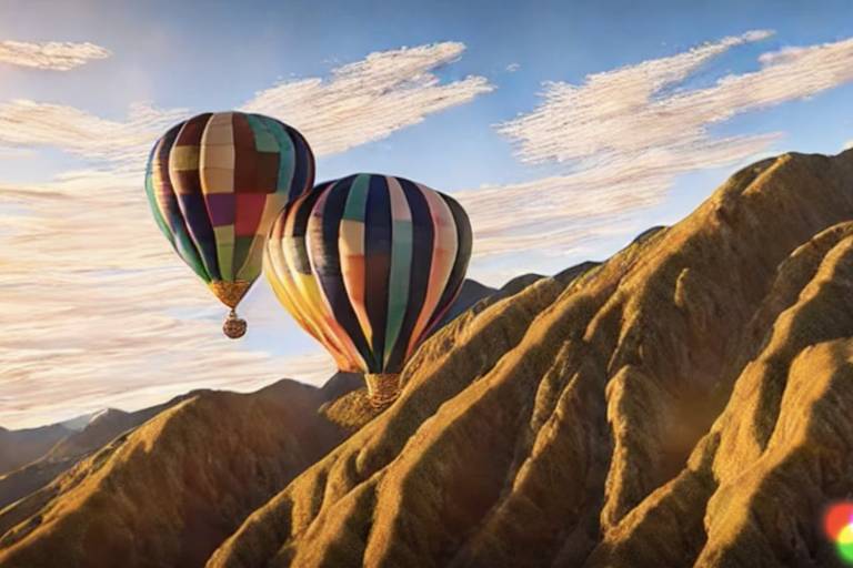 Sobrevôo de dois balões por paisagem montanhosa, em vídeo criado por Runway Gen 2. As imagens têm leves distorções, características do material criado pela plataforma