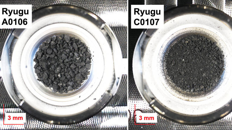 Amostras de rochas coletadas no asteroide Ryugu pela sonda japonesa Hayabusa2, em 2019
