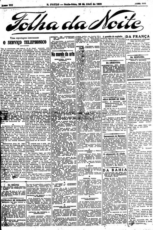 Primeira Página da Folha da Noite de 20 de abril de 1923