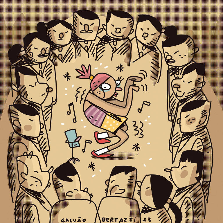 Na ilustração de Galvão Bertazzi temos uma garota usando roupa colorida, fazendo uma dancinha esquisita em frente a um aparelho celular preso num tripé. Ela está rodeada por executivos chineses, escondidos nas sombras. Eles a observam com atenção.
