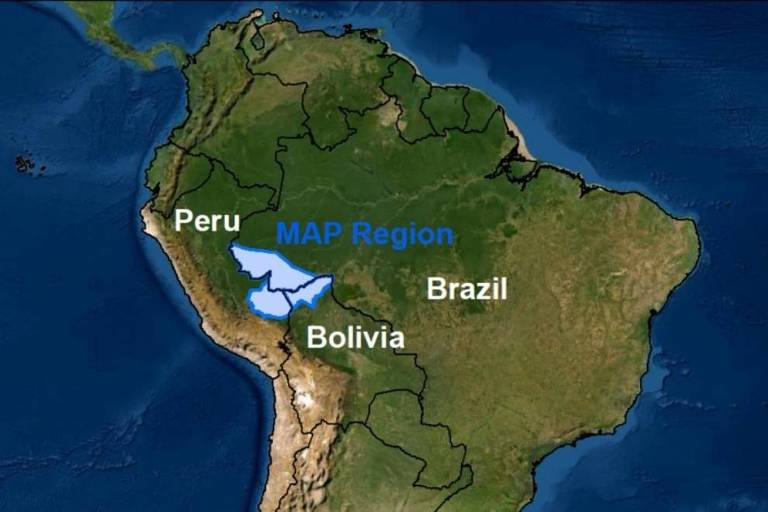 Mapa da América do Sul com uma demarcação da região do estudo, pegando parte de Brasil, Peru e Bolívia