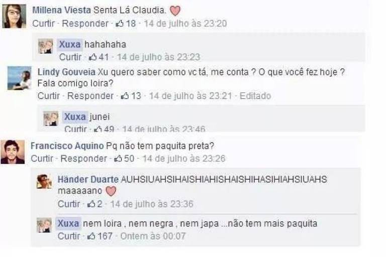 Reprodução traz respostas de Xuxa a fãs no Facebook.