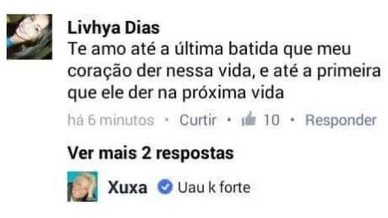 Reprodução mostra comentário de fã no Twitter de Xuxa: "Te amo até a última batida que meu coração der nessa vida, e até a primeira que ele der na próxima vida". Xuxa responde: "Uau k forte"