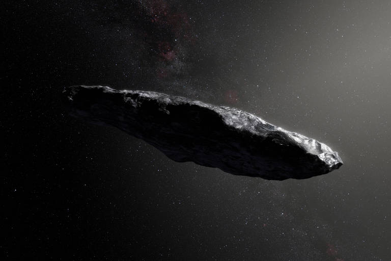 Impressão artística do cometa Oumuamua, uma rocha alongada