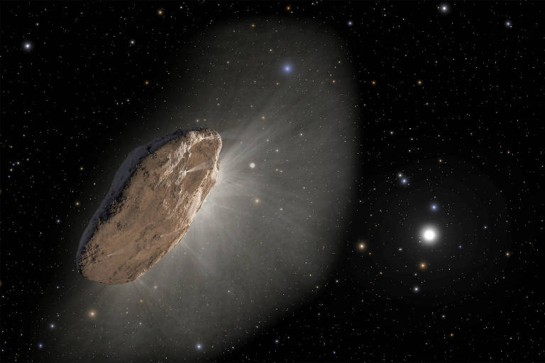 Ilustração mostra como os gases escapam do Oumuamua, como acontece nos cometas