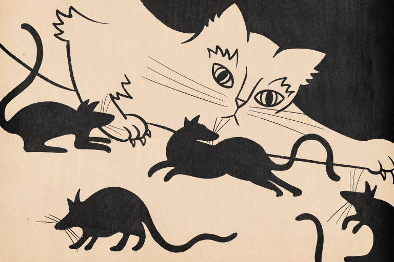 Imagem preta e branca em textura de papel antigo de um gato branco em posição de ataque,  com a pata esticada. Quatro ratos pretos correm ao seu redor, sem preocupação.