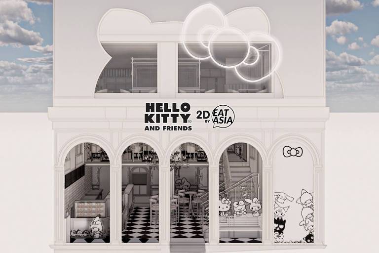 Projeção digital de como ficará o restaurante temático 2D da Hello Kitty na Liberdade